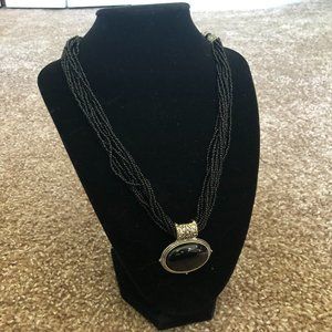 Beaded Black Necklace with Black Large Stone